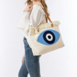 Buddha Stones Large Capacity Evil Eye Leaf Hamsa Tassel Canvas Tote Shoulder Bag Shoulder Bag BS 9