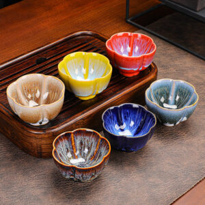 Buddha Stones 6Pcs Plum Blossom Petal Pattern Chinese Jianzhan Kiln Change Ceramic Teacup Kung Fu Tea Cup Bowl With Gift Box Jian Zhan Tea Cup BS main