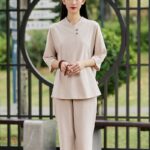 Buddha Stones 2Pcs Shirt Top Pants Meditation Zen Tai Chi Cotton Linen Clothing Women's Set Women's Meditation Cloth BS Khaki(Top&Pants) 2XL(Bust 124cm/Waist 68-104cm/Pants Length 97cm)
