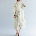 Buddha Stones Flowers Green Yellow Leaves Print Cheongsam Midi Dress Three Quarter Sleeve Dress With Pockets Cheongsam Dresses BS 1