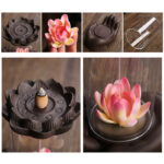 Buddha Stones Buddha Hand Lotus Enlightenment LED Light Purple Clay Ceramic Incense Burner Decoration Incense Burner BS 6