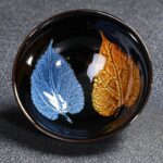 Buddha Stones Gold Maple Leaf Chinese Jianzhan Ceramic Teacup Tenmoku Kung Fu Tea Cup Bowl Jian Zhan Tea Cup BS Gold Blue Maple Leaf 9cm*4.5cm*120ml
