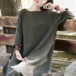 Buddha Stones Simple Midi Dress Cotton Linen Zen Tunic Dress With Pockets Midi Dress BS 7