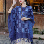 Buddha Stones Blue Color Block Plaid Shawl Tassels Soft Pullover 90*95cm5