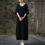 Buddha Stones Solid Color V-Neck Half Sleeve Ramie Linen Midi Dress With Pockets Midi Dress BS 18