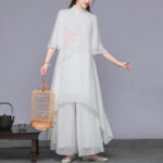 Buddha Stones 2Pcs Lotus Flower Cheongsam Midi Dress Wide Leg Pants Chiffon Zen Women's Set Women's Meditation Cloth BS 3