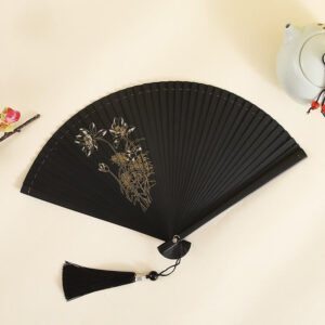 Buddha Stones Hibiscus Flower Plum Blossom Handheld Bamboo Folding Fan 1