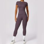 Buddha Stones Women Short Sleeve T-Shirt Top High Waist Leggings Pants For Sports Yoga 2-Piece Outfit BS 131