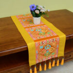 Buddha Stones Prayer Altar Mat Man-Bcu Kalachakra Endless Knot Vajra Tibetan Auspicious Symbols Tassels Table Runner Prayer Altar BS Vajra Gold 190*33cm