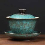 Buddha Stones Traditional Pine Tree Green Ceramic Gaiwan Sancai Teacup Kung Fu Tea Cup And Saucer With Lid Cup BS 10.4cm*9cm*100ml