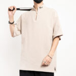 Buddha Stones Chinese Tang Suit Embroidery Half Sleeve Shirt Linen Men Clothing Men's Shirts BS 14