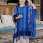 Buddha Stones Blue Geometric Stripes Batik Shawl Tassels Cozy Travel Pullover 90*95cm 2