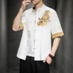 Buddha Stones Frog-Button Chinese Dragon Auspicious Cloud Embroidery Half Sleeve Shirt Cotton Linen Men Clothing Men's Shirts BS 25