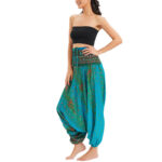 Buddha Stones Two Style Wear Peacock Feather Loose Smocked Harem Trousers Jumpsuit High Waist Pants Harem Pants BS 27
