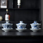 Buddha Stones Blue And White Porcelain Lotus Koi Fish Lion Dance Watermelon Ceramic Gaiwan Sancai Teacup Kung Fu Tea Cup And Saucer With Lid 300ml Cup BS 1