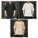 Buddha Stones Frog-Button Phoenix Embroidery Chinese Tang Suit Short Sleeve Shirt Cotton Linen Men Clothing Men's Shirts BS 24