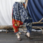 Buddha Stones Blue Red Peony Flowers Patchwork Cotton Linen Harem Pants With Pockets Women's Harem Pants BS 1