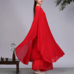 Buddha Stones Simple Pattern Midi Dress Wide Leg Pants Meditation Spiritual Zen Practice Yoga Dance Clothing Women's Meditation Cloth BS Red 2Pcs(Dress&Pants) US12/2XL