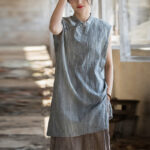 Buddha Stones Handmade Tie Dye Ramie Linen Frog-Button Sleeveless Vest 2