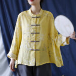 Buddha Stones Yellow Phoenix Print Frog-button Design Long Sleeve Ramie Linen Jacket Shirt Women's Shirts BS 12