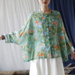 Buddha Stones Pink Flowers Green Leaves Print Frog-button Design Long Sleeve Ramie Linen Jacket Shirt Women's Shirts BS 43
