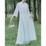 Buddha Stones Three Quarter Sleeve Chiffon Cheongsam Midi Dress Wide Leg Pants Meditation Zen Practice Clothing Women's Meditation Cloth BS 6