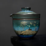 Buddha Stones Ceramic Teacup Deer Mountain Trees Lovely Cat Black Tea Cup With Lid and Bag Cup BS 4