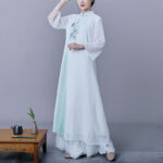 Buddha Stones 2Pcs Flower Three Quarter Sleeve Midi Dress Skirt Chiffon Zen Clothing Women's Set Women's Meditation Cloth BS 1