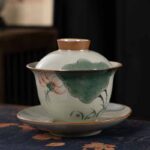 Buddha Stones Lotus Koi Fish Pod Leaf Ceramic Gaiwan Sancai Teacup Kung Fu Tea Cup And Saucer With Lid 140ml Cup BS Lotus Green Leaf 11.5cm*9.5cm*140ml