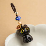 Buddha Stones Small Leaf Red Sandalwood Ebony Wood Lucky Cat Protection Key Chain Phone Hanging Decoration Key Chain BS 9
