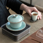 Buddha Stones Retro Green Ice Glaze Ceramic Gaiwan Sancai Teacup Kung Fu Tea Cup And Saucer With Lid Cup BS 8