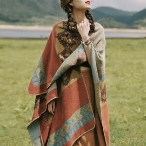 Buddha Stones Tibetan Shawl Diamond Pattern Winter Warm Cloak Scarf Tibetan Shawl BS Orange