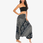Buddha Stones Two Style Wear Elephant Pattern Loose Smocked Harem Trousers Jumpsuit Women's Yoga Pants Harem Pants&Bodysuit BS 23