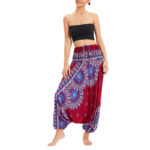 Buddha Stones Two Style Wear Sunflower Loose Smocked Harem Trousers Jumpsuit High Waist Pants Harem Pants BS Red(Waist 60-100cm/Length 105cm)