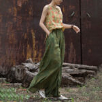 Buddha Stones Green Yellow Ramie Linen Flexible Waistband Wide Leg Pants With Pockets Women's Wide Leg Pants BS 25