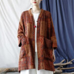 Buddha Stones Orange Flower Geometry Print Cotton Open Front Jacket With Pockets 24
