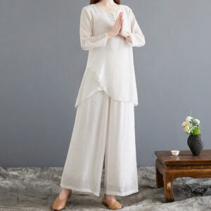 Buddha Stones 2Pcs Frog-Button Long Sleeve Shirt Wide Leg Pants Meditation Cotton Linen Clothing Women's Meditation Cloth BS 2XL(Fit for US8-10; UK/AU12-14; EU40-42)