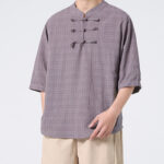 Buddha Stones Frog-Button Plaid Pattern Chinese Tang Suit Half Sleeve Shirt Cotton Linen Men Clothing Men's Shirts BS 16