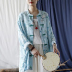 Buddha Stones Light Green Pink Flowers Green Leaves Frog-Button Long Sleeve Ramie Linen Jacket Shirt 29
