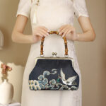 Buddha Stones Auspicious Clouds Cranes Embroidery Bamboo Handle Handbag Crossbody Bag Crossbody Bag&Handbags BS Auspicious Clouds Cranes Black 24*8.5*16.5cm