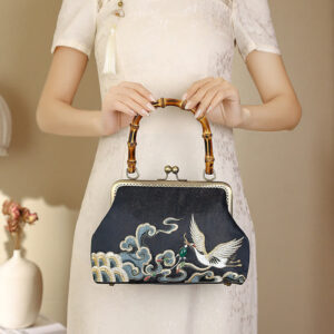 Buddha Stones Auspicious Clouds Cranes Embroidery Bamboo Handle Handbag Crossbody Bag Crossbody Bag&Handbags BS Auspicious Clouds Cranes Black 24*8.5*16.5cm