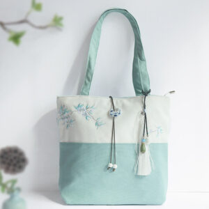 Buddha Stones Pear Flower Plum Peach Blossom Bamboo Embroidery Canvas Large Capacity Shoulder Bag Tote Bag Bag BS Green White Pear Flower