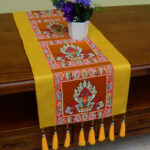 Buddha Stones Prayer Altar Mat Man-Bcu Kalachakra Endless Knot Vajra Tibetan Auspicious Symbols Tassels Table Runner Prayer Altar BS The Chintamani Jewel Gold 190*33cm