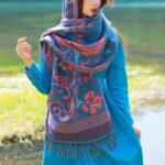Buddha Stones Tibetan Flowers Leaves Pattern Design Shawl Cozy Travel Scarf Wrap Tibetan Shawl BS Blue