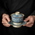 Buddha Stones Vintage Blue And White Porcelain Peach Blossom Lotus Peony Ceramic Gaiwan Sancai Teacup Kung Fu Tea Cup And Saucer With Lid Cup BS 7