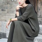 Buddha Stones Simple Midi Dress Cotton Linen Zen Tunic Dress With Pockets Midi Dress BS 5