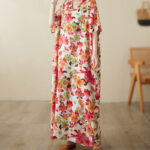 Buddha Stones Red Blue Green Flowers Midi Dress Cotton Half Sleeve Dress With Pockets Midi Dress BS 1