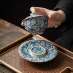 Buddha Stones Vintage Blue And White Porcelain Peach Blossom Lotus Peony Ceramic Gaiwan Sancai Teacup Kung Fu Tea Cup And Saucer With Lid Cup BS 2
