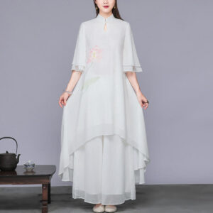 Buddha Stones 2Pcs Lotus Flower Cheongsam Midi Dress Wide Leg Pants Chiffon Zen Women's Set Women's Meditation Cloth BS Dress&Pants 2XL(Fit for US12; UK/AU16; EU44)