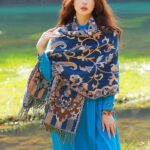 Buddha Stones Tibetan Flowers Leaves Branch Design Tassel Shawl Cozy Travel Scarf Wrap Tibetan Shawl BS Blue